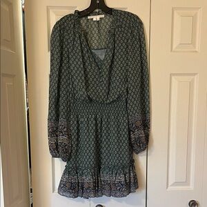 Veronica Beard Teal Paisley Long-Sleeve Smocked-Waist Dress
